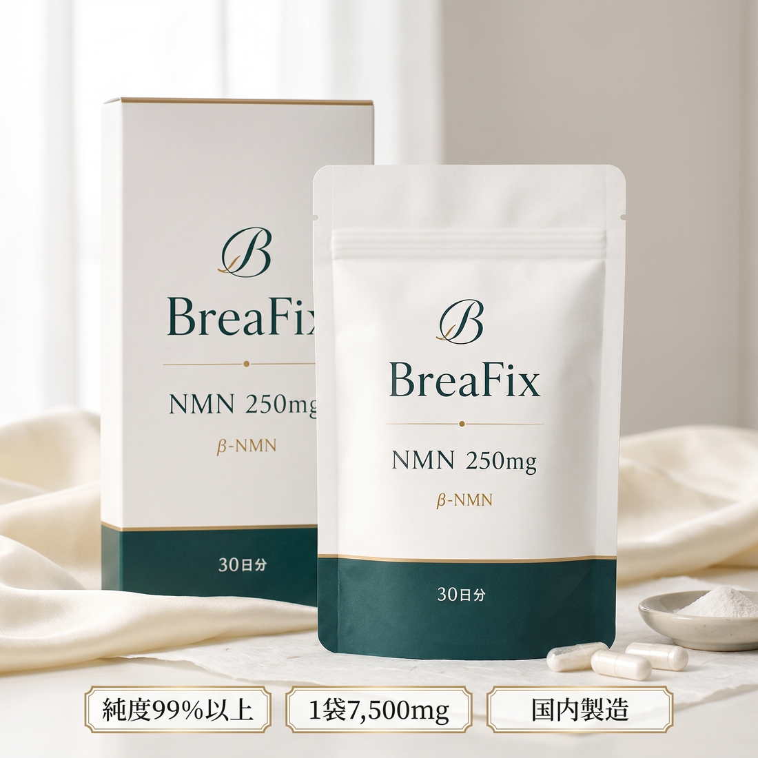 BreaFix NMN 250mg サプリメント パッケージ - 純度99%以上・1袋7,500mg・国内製造