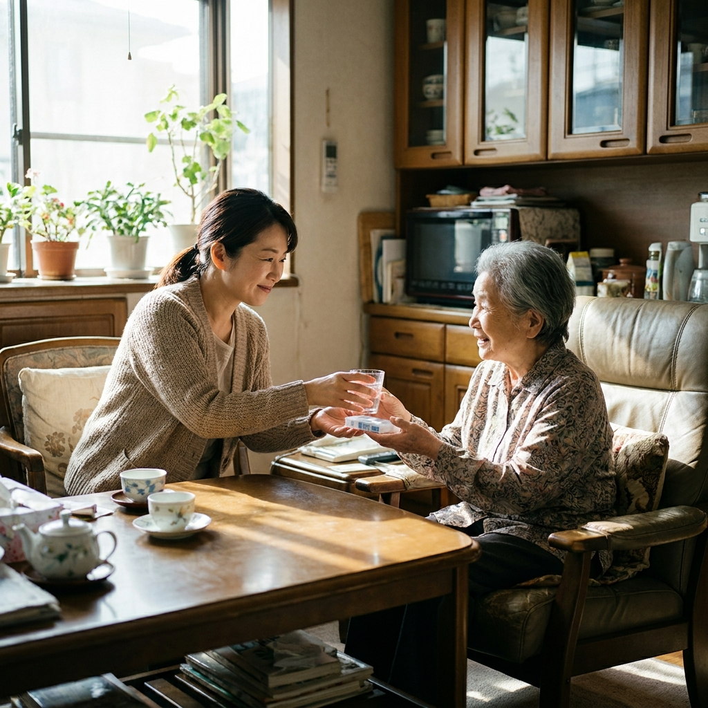 食卓で家族に寄り添う様子