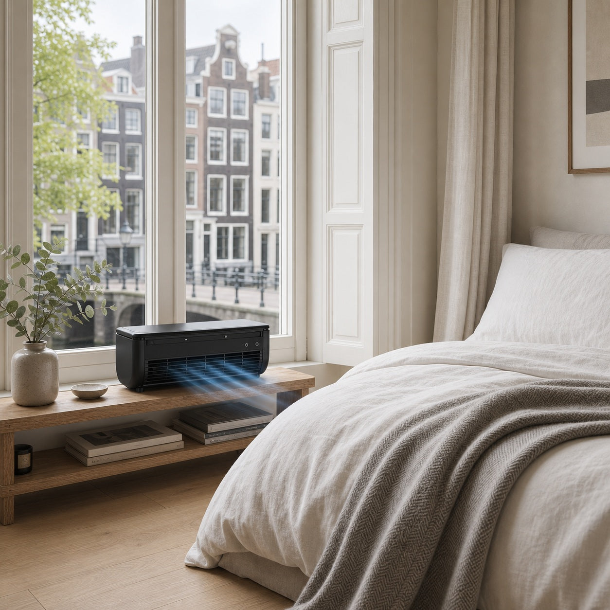 BreaFix Portable Air Cooler in a bright bedroom