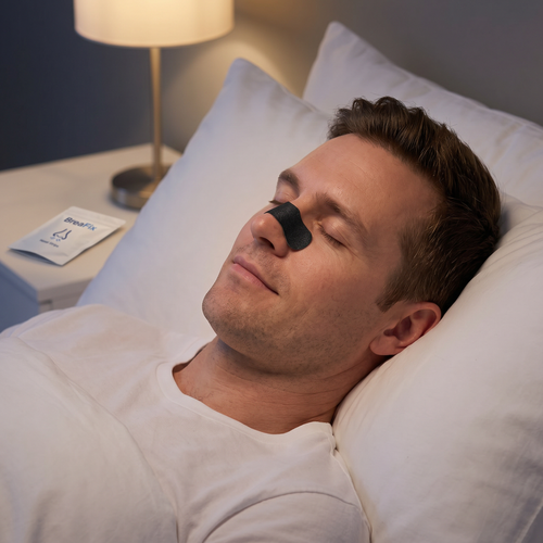 Person wearing BreaFix nasal strip