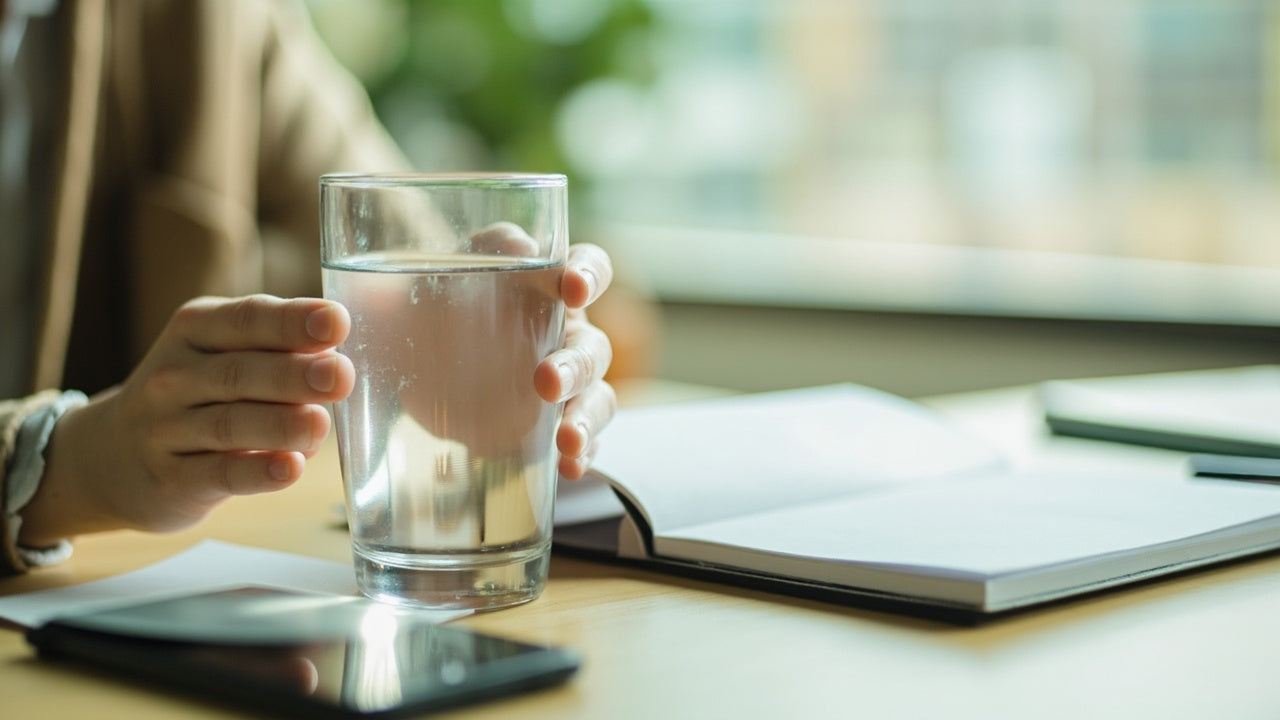 朝のデスクで水を手にする様子