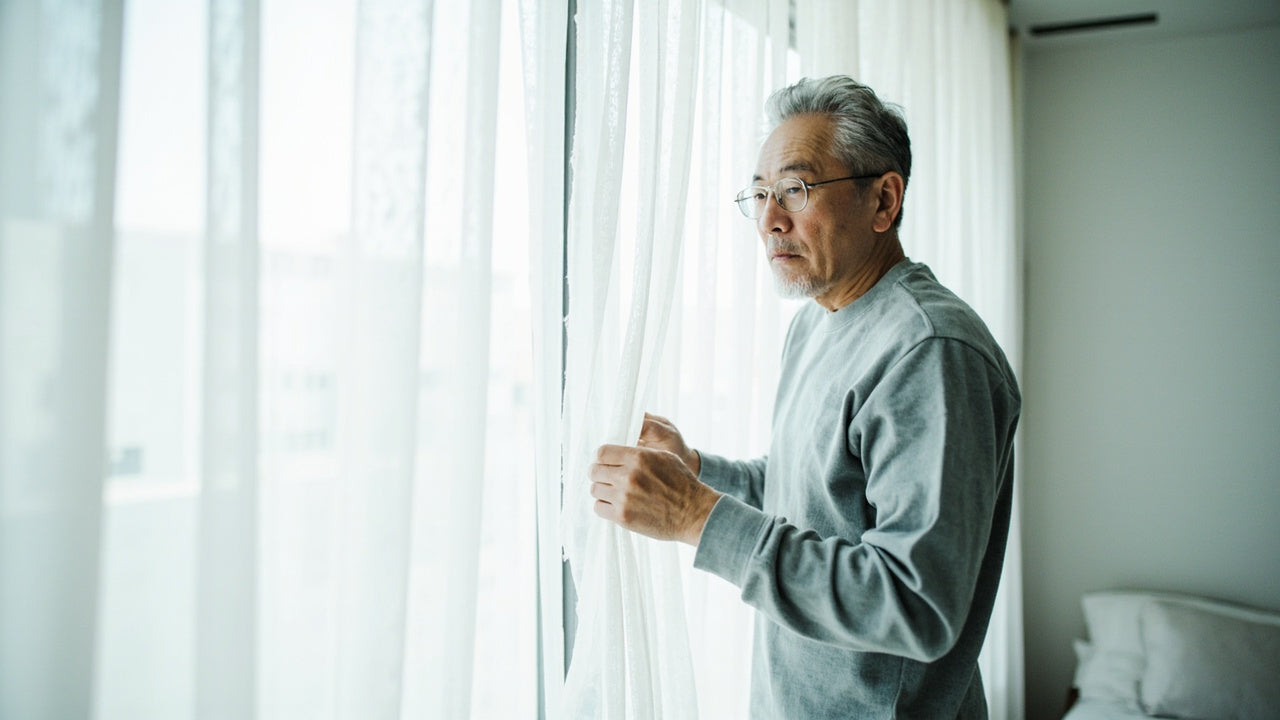 朝、窓辺でカーテンを開ける男性